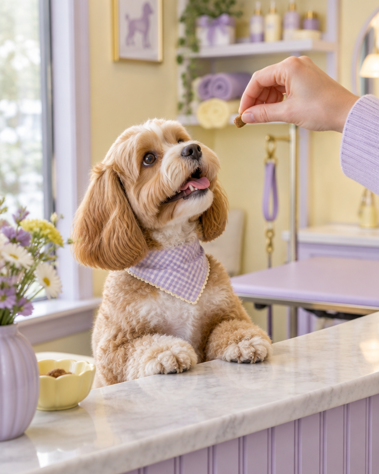 A groomer greeting a small dog with a treat