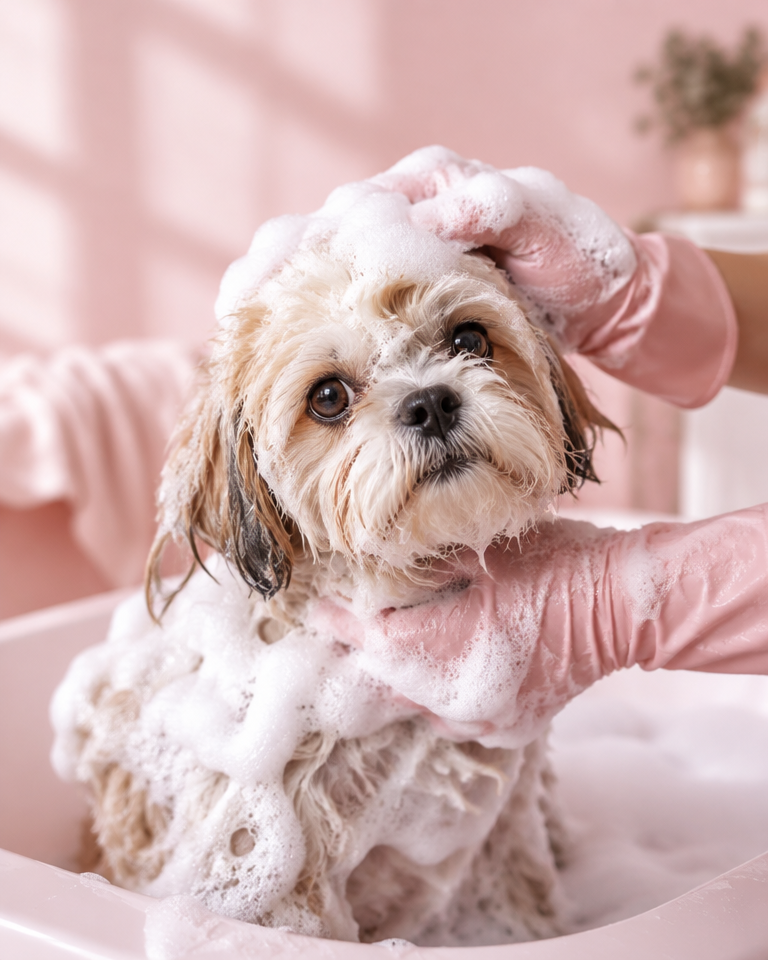 A dog in a foamy bath