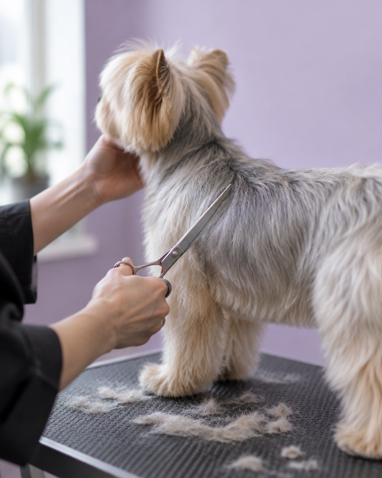 A groomer scissoring a dog's coat