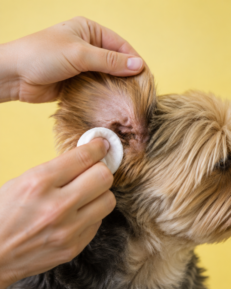 A groomer gently cleaning a dog's ear