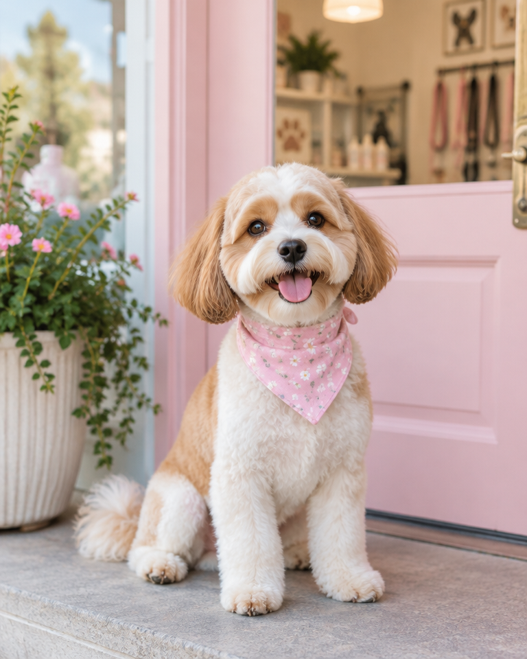 A freshly groomed dog wearing a bandana